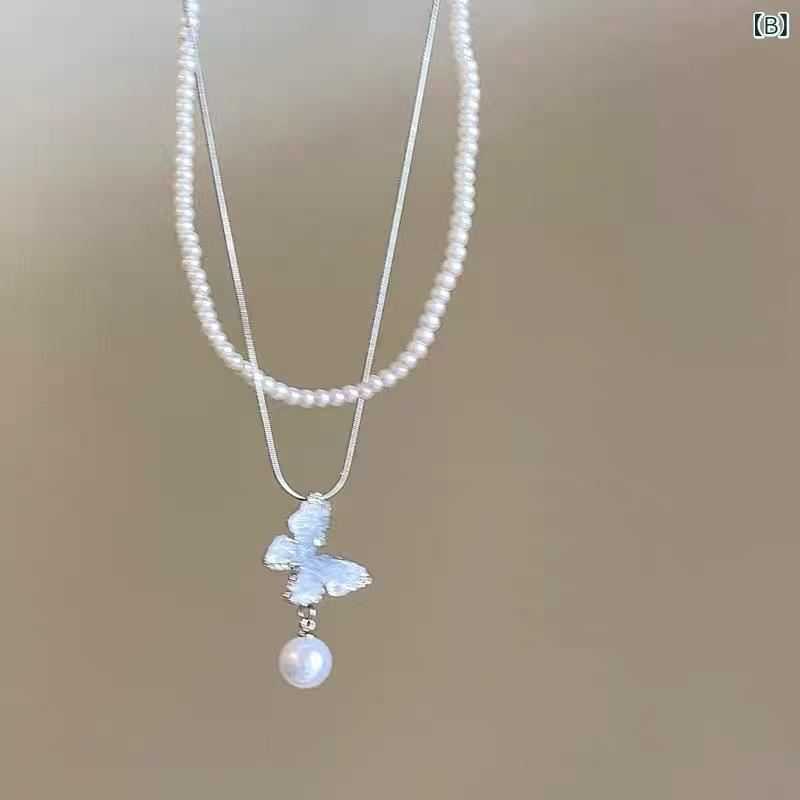 ネックレス レディース 氷晶 グラデーション パール 蝶々 流蘇 タッセル アクセサ...