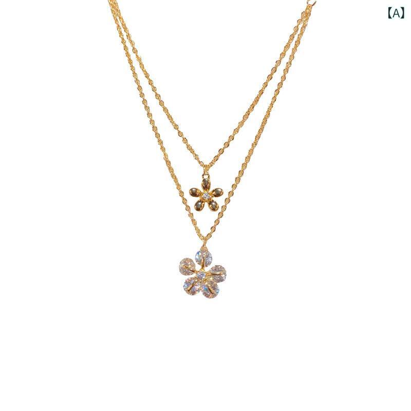项链（只有炼条） - ネックレス レディース ジルコニア 花 フラワーモチーフ 二連 チェーン ネックレス かわいい おしゃれ 上品 きれいめ シルバー 鎖骨チェーン アクセサリー 重ね付け風 エレガント フェミニン 華奢 デイリー使い ギフト プレゼント 記念日 誕生日 パ