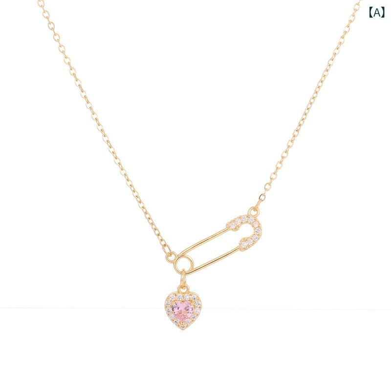 ネックレス レディース ハート ペーパークリップ ジルコニア チタン 鎖骨 チェーン アクセサリー ジュエリー シンプル かわいい おしゃれ ギフト 高級感 普段使い カジュアル ペンダント 金属アレルギー対応 変色防止 華奢 シルバー ゴールド デイリ