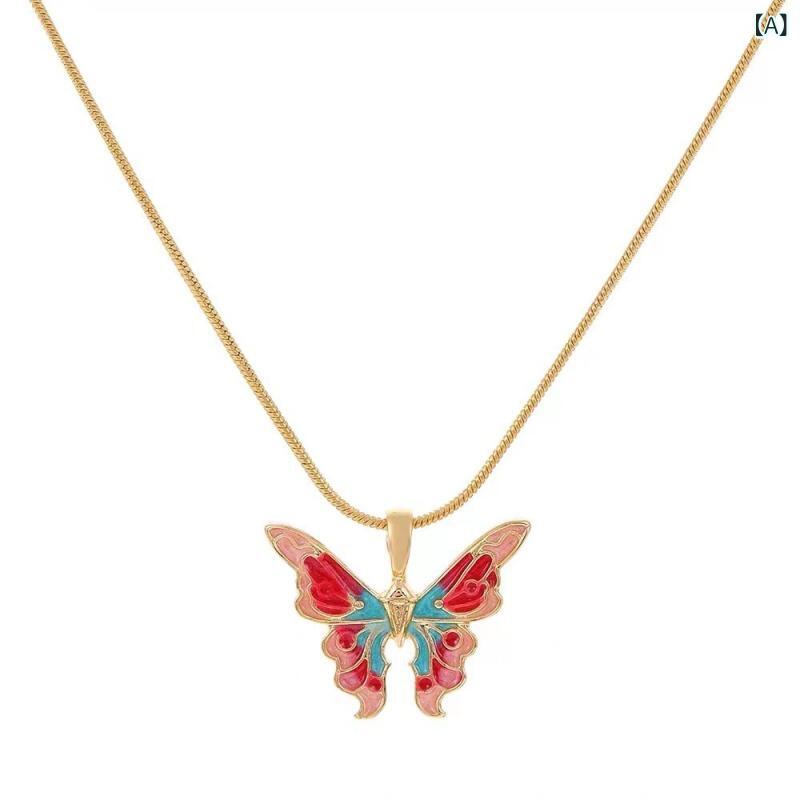 ネックレス レディース アクセサリー ペンダント 蝶々 バタフライモチーフ 幻彩 オーロラカラー エナメル塗装 高級感 シルバーチェーン かわいい 華奢 重ね付け デイリー カジュアル おしゃれ プレゼント ギフト