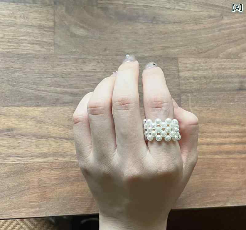 指輪 レディース パール 幅広 指輪 伸縮性 ゴム紐 ダブルレイヤー シンプル カジュ...