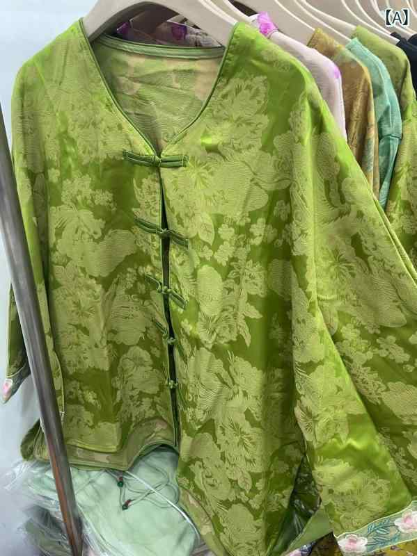 ブラウス 長袖 レディース チャイナ服 新中式 トップス 秋物 再生繊維 ジャカード ラウンドネック チャイナボタン 立ち襟 切り替え カジュアル ゆったり 大きいサイズ 体型カバー 着痩せ お腹周り 二の腕カバー 通勤用 普段使い 上品 きれいめ 大人