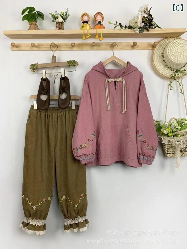 パーカー レディース 長袖 トップス プルオーバー フード付き 森ガール レトロ コーデュロイ 中華風 チャイナボタン 刺繍 秋冬 ゆったり 大きいサイズ 体型カバー 着痩せ 細見え 暖かい 防寒 厚手 カジュアル かわいい おしゃれ お出かけ 普段着 taico-10109792 暮らしのお手伝い サンプル画像3