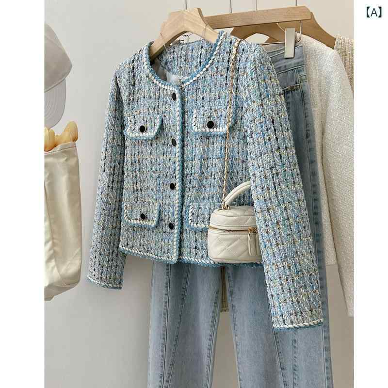 ジャケット レディース 秋服 ツイード アウター ノーカラー ショート丈 長袖 トップス エレガント きれいめ カジュアル ゆったり 体型カバー 着痩せ 高見え 厚手 防寒 お出かけ 通勤 普段着 デート 高級感 切り替え ゴールドボタン フォーマル レ