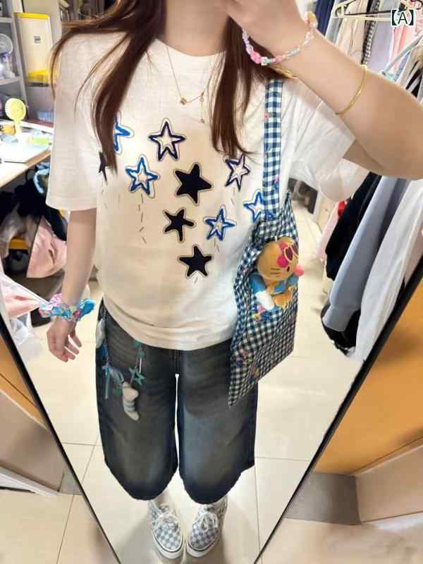 Tシャツ レディース 半袖 トップス カットソー アメリカン レトロ スター柄 星柄 ...