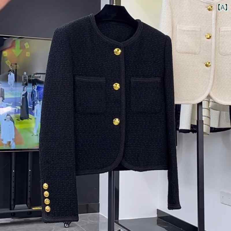 ジャケット レディース 秋物 アウター ツイード 上着 短め丈 ショート丈 黒 ゴールド色 高級感 清楚系 エレガント きれいめ 大人かわいい 通勤用 お出かけ用 普段使い 華やか 長袖 体型カバー 細見え 着痩せ ゆったり プラスサイズ 大きいサイズ レ