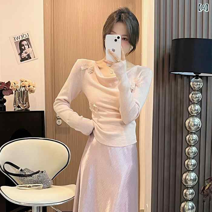 トップス レディース 長袖 Tシャツ ピンク系 立体蝶々モチーフ ドレープネック 伸縮性 再生繊維 スリムフィット 着痩せ効果 体型カバー かわいい 襟元デザイン おしゃれ 大人カジュアル 普段着 通勤用 春夏物