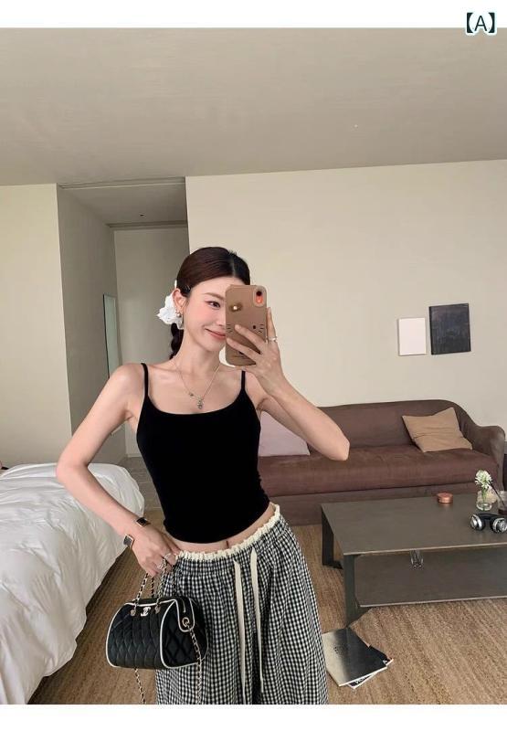 Camisole, Women's Top, Knit Tank Top, Cross Back Open, Built-in Cups, Non-wired, High Elasticity, Stretchable, Irregular Hem, Flattering Back, Sexy, Simple, Innerwear, Underwear, Layering, Loungewear, Everyday Wear, Casual, Solid Color, Skin-revealing, Loose Fit, Figure-covering