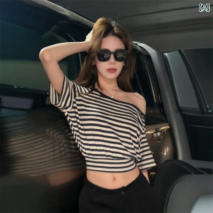 Tシャツ レディース 半袖 トップス アメリカンレトロ 斜めショルダー ストライプ柄 カジュアル ゆったり 大きいサイズ 体型カバー 着痩せ お腹周り 二の腕カバー 通勤用 普段使い 伸縮性 綿混紡 ビッグシルエット クルーネック おしゃれ シンプル ベ