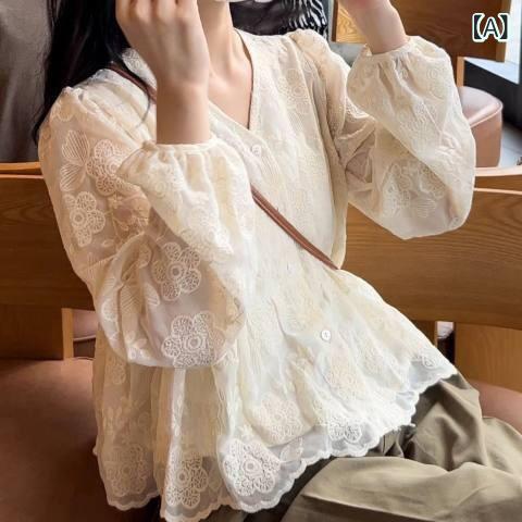 ブラウス レディース 長袖 Vネック レース 刺繍 切り替え 韓国風 カジュアル シャツ 高級感 ゆったり 体型カバー 着痩せ トップス 普段使い 通勤通学 秋物 秋冬