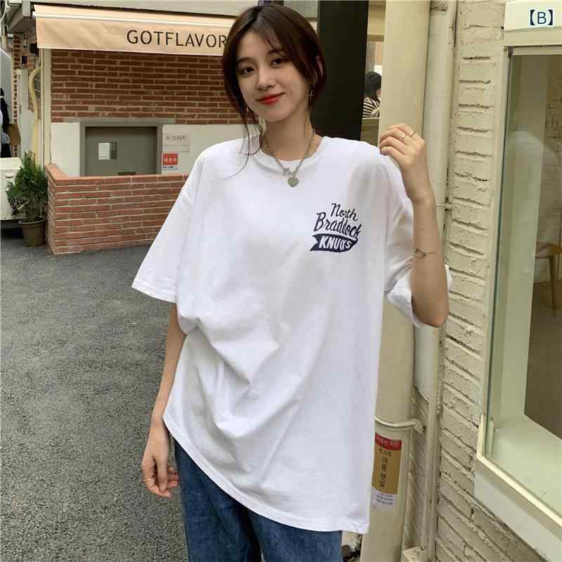 暮らしのお手伝いのTシャツ レディース 半袖 トップス カジュアル ビッグシルエット ゆったり 大きいサイズ 体型カバー 着痩せ お腹周り 二の腕カバー アメリカン レトロ ヴィンテージ風 丸首 クルーネック ミドル丈 カットソー 部屋着 アウトドア 普段使い 通年素材｜アングル2