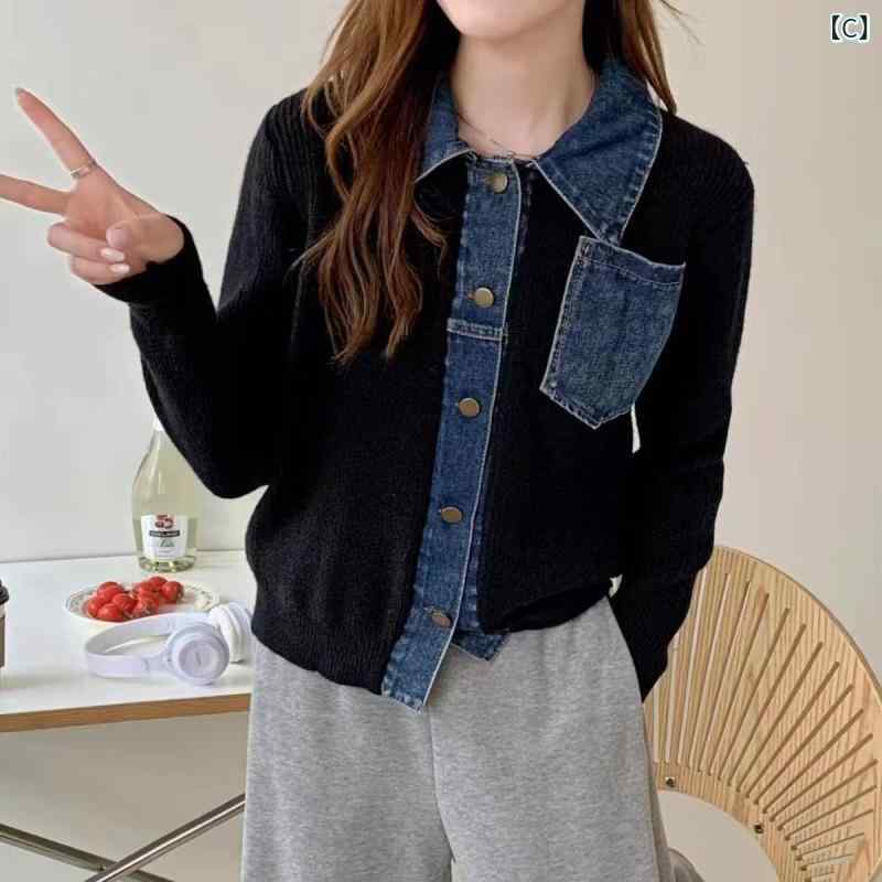 カーディガン レディース 秋冬 ニット デニム 切り替え ポロ襟 アウター ゆったり ...