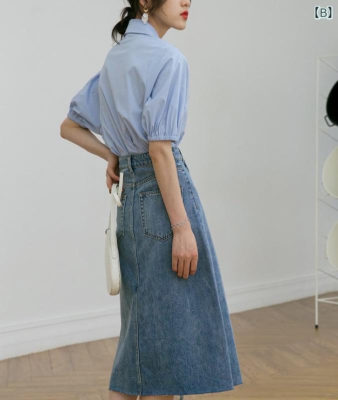 暮らしのお手伝いのブラウス レディース 半袖 トップス 春夏 ブルー ホワイト レトロ 宮廷風 パフスリーブ フレア袖 きれいめ 清楚 かわいい ナチュラル 切り替え ゆったり 体型カバー 着痩せ 細見え 爽やか カジュアル デイリー 通勤 お出かけ ガーリー フェミニン｜アングル2