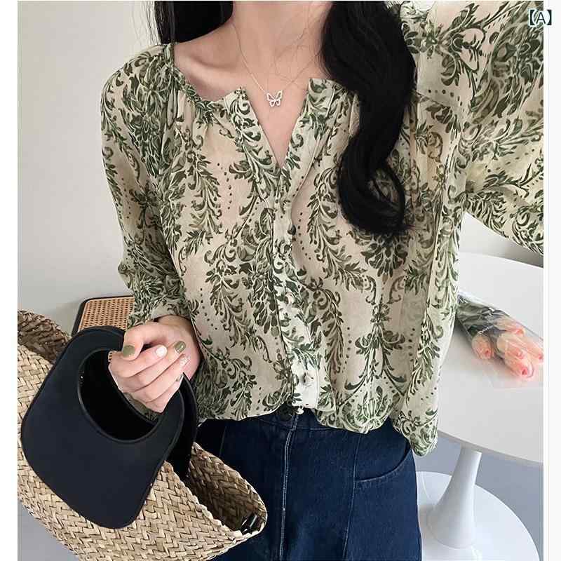 ブラウス レディース 春夏 長袖 トップス Vネック シフォン 花柄 体系カバー ゆっ...
