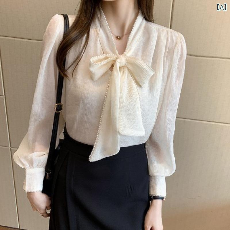 ブラウス レディース 春物 長袖 トップス リボンタイ フレンチ レトロ シフォンシャツ インナー 重ね着 ゆったり 体型カバー 着痩せ お腹周り カバー 上品 きれいめ フェミニン オフィス 通勤 通学 普段使い カジュアル ガーリー おしゃれ かわいい