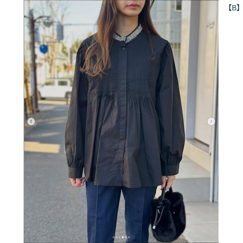 ブラウス レディース トップス 立ち襟 パール付き スパンコール プリーツ 貴族風 ...