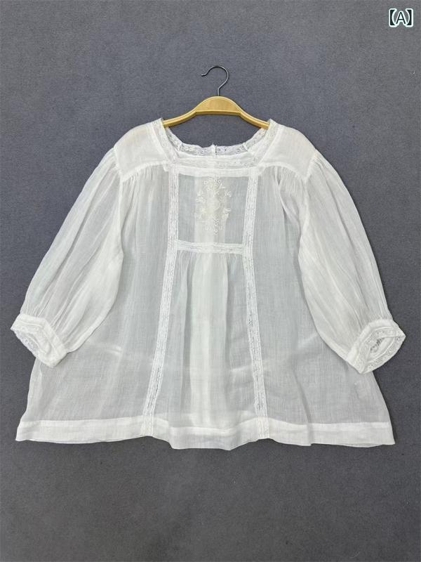 ブラウス レディース 五分袖 シャツ リネン100％ 苧麻 麻 高級感 前後両面 着用可能 刺繍 レース 襟元 ボタン留め ゆったり 体型カバー 大きいサイズ 着痩せ ナチュラル 涼しい 快適 通気性 柔らかい 部屋着 カジュアル エレガント 上品 普段