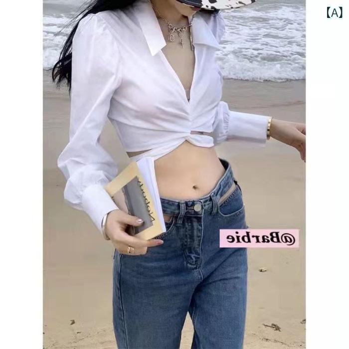 ブラウス レディース 春物 トップス Vネック 長袖 シャツ 欧米風 セクシー 交叉 クロス フロント リボン 紐付き ランタン袖 ボリュームスリーブ ショート丈 ハイウエスト お腹周り カバー 着痩せ 細見え ゆったり 体型カバー カジュアル スタイル