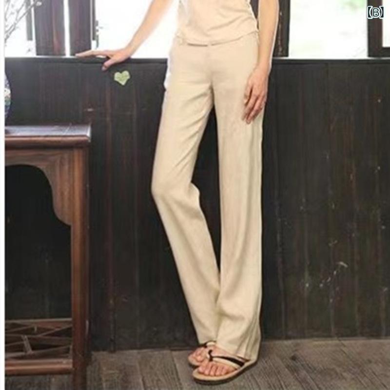 暮らしのお手伝いのパンツ レディース 綿麻 ストレート ズボン ワイドパンツ ゆったり ボトムス ロング丈 大きいサイズ 体型カバー 着痩せ 細見え 伸縮性 通気性 春夏 普段使い カジュアル リラックス ウエストゴム ハイウエスト 脚長効果 ナチュラル 無地 シンプル｜アングル2