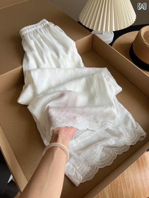 ロングパンツ レディース ゆったり カジュアル ホワイト リネン 亜麻 花柄 刺繍 レース ワイドパンツ ストレートパンツ 体型カバー 大きいサイズ 通気性 軽量 接触冷感 速乾 快適 涼しい 楽ちん ズボン 美脚効果 細見え 脚長効果 お腹周りカバー