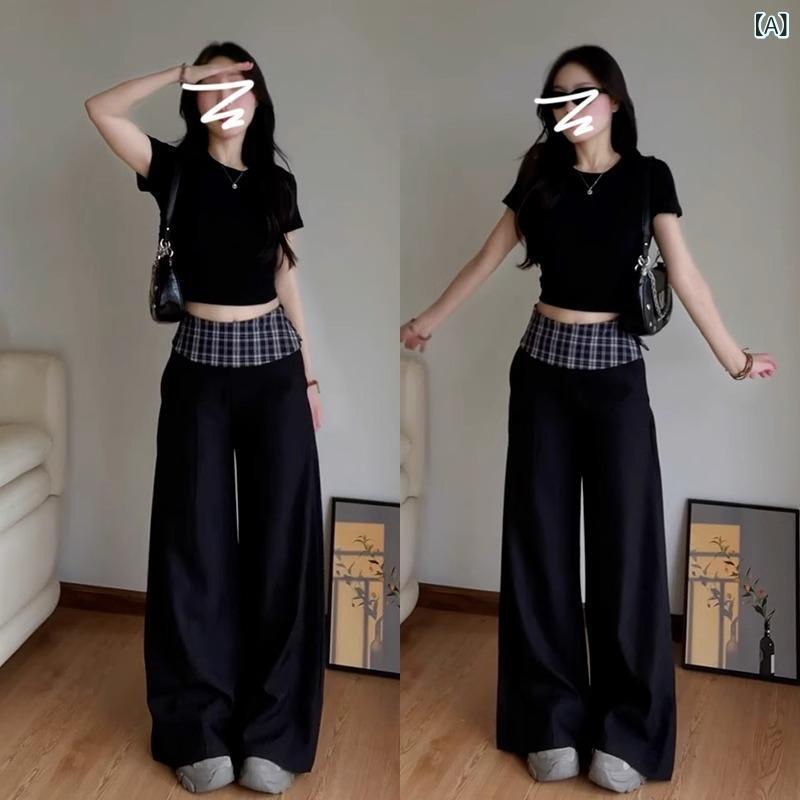 パンツ レディース ハイウエスト ワイドパンツ ズボン ボトムス 切り替え チェック柄 ロングパンツ 大きいサイズ ゆったり 体型カバー 着痩せ 細見え 楽ちん 部屋着 普段使い カジュアル きれいめ おしゃれ お腹周りカバー 落ち感 ゆるシルエット 柔