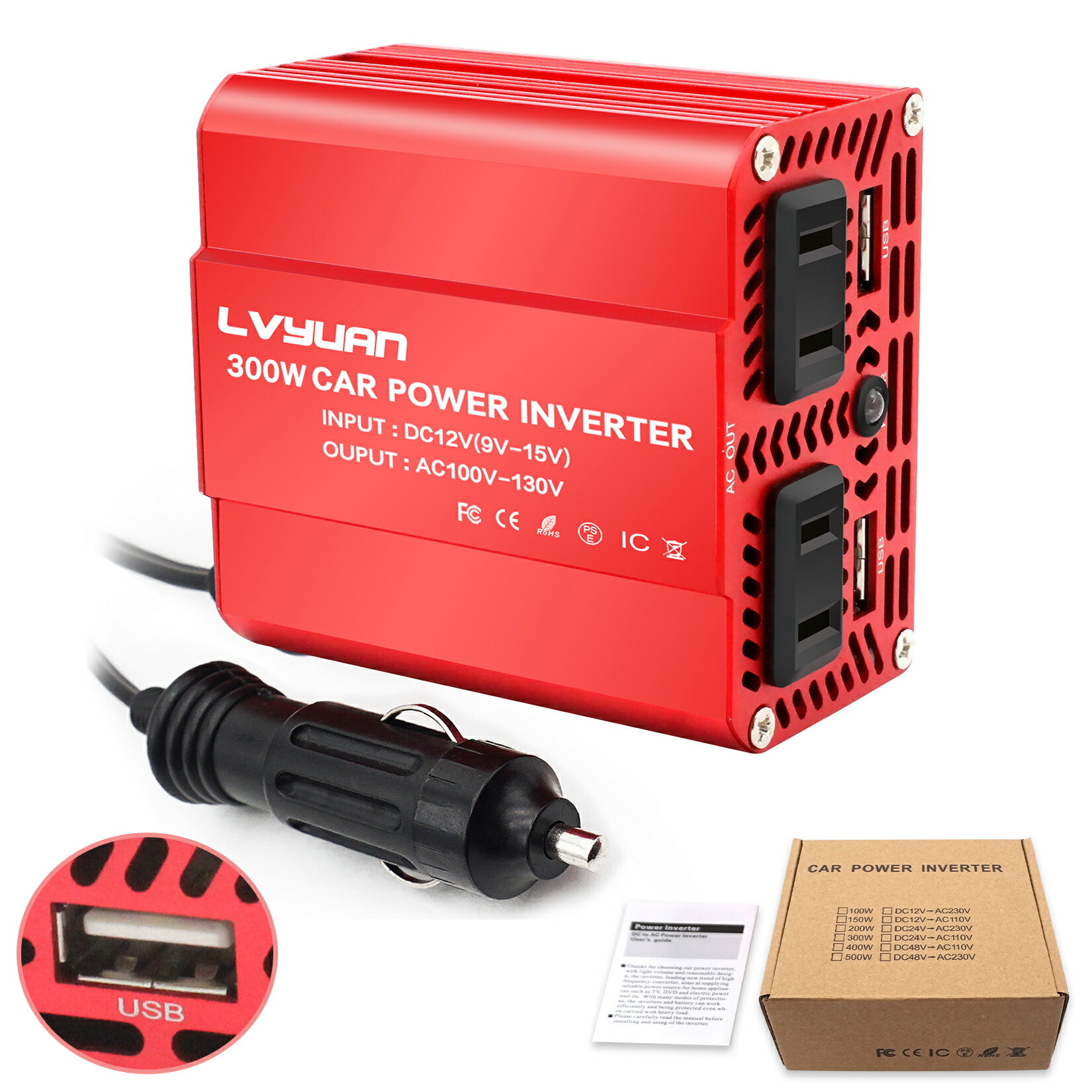 LVYUAN（リョクエン）【30日間無料交換】インバーター 12V 300W シガーソケット コンセント 修正波 USB 2 ポート ACコンセント 2口 車中泊グッズ スマホ充電 DC12VをAC100Vに変換 小型軽量 2