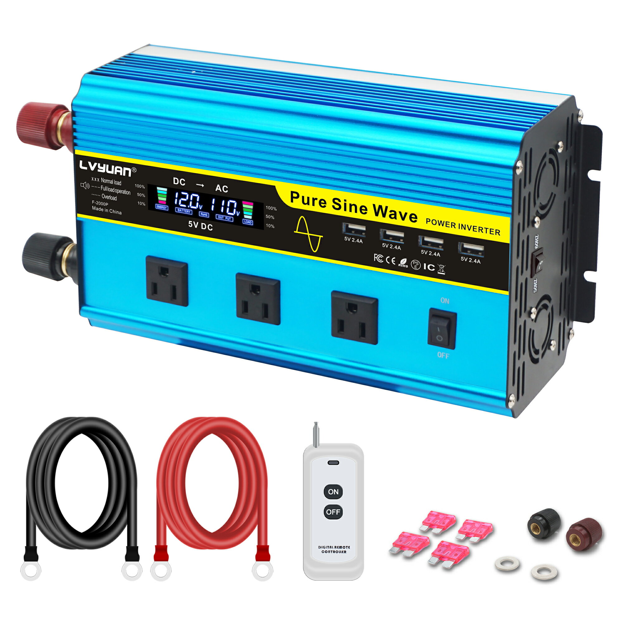 LVYUAN（リョクエン）インバーター 正弦波 12V 1600W 最大 3200W リモコン付き DC12VをAC100Vに変換 50HZ 60HZ ACコンセント×3、USBソケット×4 冷却ファン×4 カーインバーター 災害対策 地震 防災用品 キッチンカー キャンピングカー