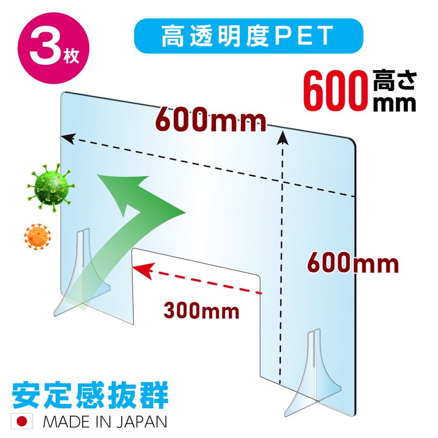 [3枚セット][日本製]透明PETパーテーション W600×H600mm W300mm商品受け渡し窓あり 特大足付き 衝突防止 飛沫防止 デスクパーテーション 仕切り板 ウイルス対策 fpet-6060-m30-3set