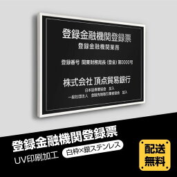 登録金融機関登録票 520mm×370mm 【白枠x銀ステンレス】選べる書体 枠4種 UV印刷 ■送料無料 ステンレス 撥水加工 錆びない 看板 法定サイズクリア 宅地 建物 取引業者 金看板 宅建 標識 事務所用 安価でおしゃれな許可票看板 事務所看板 短納期 trkky-sil-white-blk