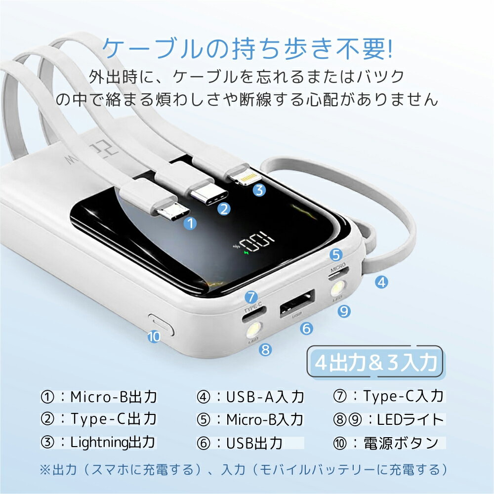 【ケーブル内蔵】モバイルバッテリー 20000mAh 大容量 軽量 小型 防災ライト 4台同...