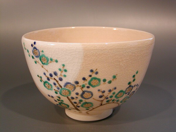 茶道具 抹茶茶碗色絵 梅に月、京焼 山川敦司作