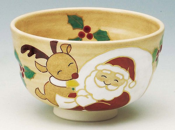 茶道具　抹茶茶碗色絵　サンタとトナカイ京焼　鈴木一点作