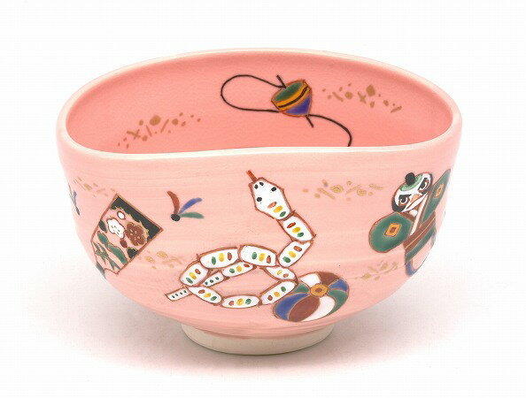 茶道具・茶器　抹茶茶碗　干支　巳、ピンク釉　干支玩具 絵、京焼　秋峰窯　中村良二作、桐共箱　新品。