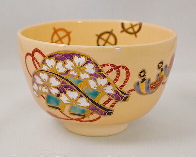 茶道具・茶器　抹茶茶碗、色絵　鞍に鐙（くら　に　あぶみ）、干支「午」「馬・うま」、御題「明（めい..