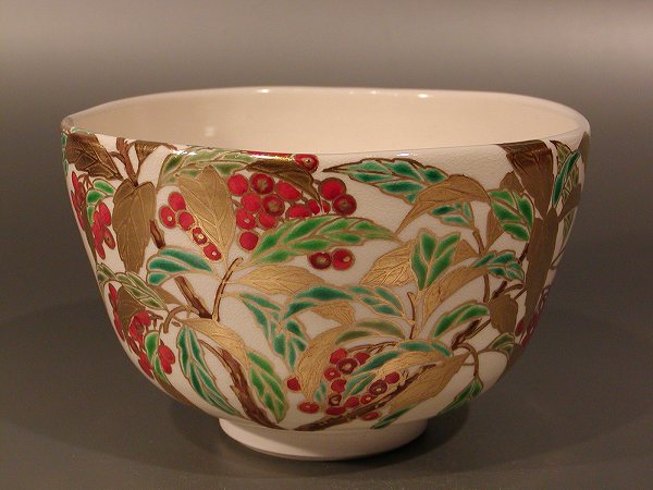 抹茶茶碗色絵 万両小川彩華作