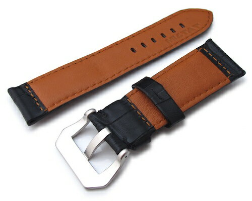 24mm MiLTAT 時計ベルト クロコグレーン マットブラック / ブラックステッチ パネライ44mm