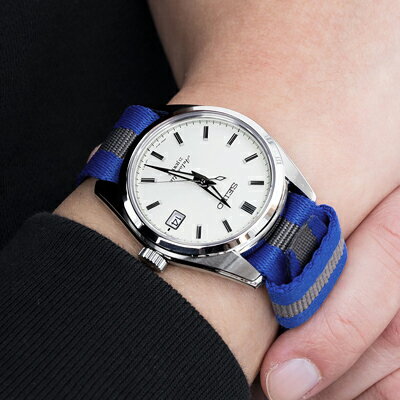 20mm MiLTAT 時計ベルト NATO RAF サンドイッチレイヤー ブルー＆グレー ポリッシュドバックル