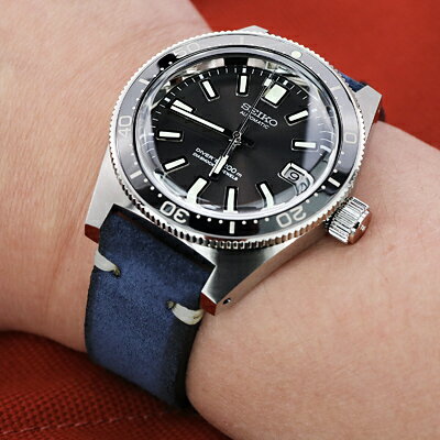 19mm MiLTAT 時計ベルト ヌバック ネイビーブルー ベージュステッチ サンドブラストバックル クイックリリース