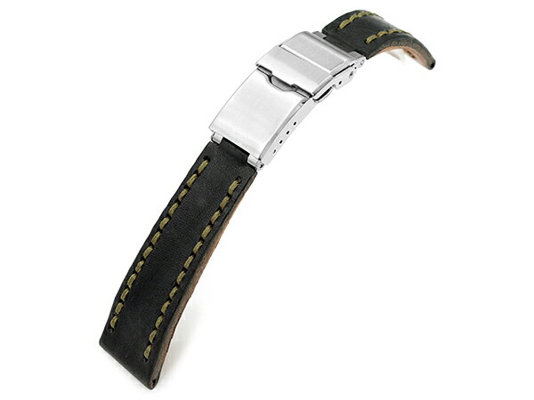 20mm MiLTAT 時計ベルト ハンドクラフト イタリアンカーフ ブラック オリーブステッチ バトンクラスプ