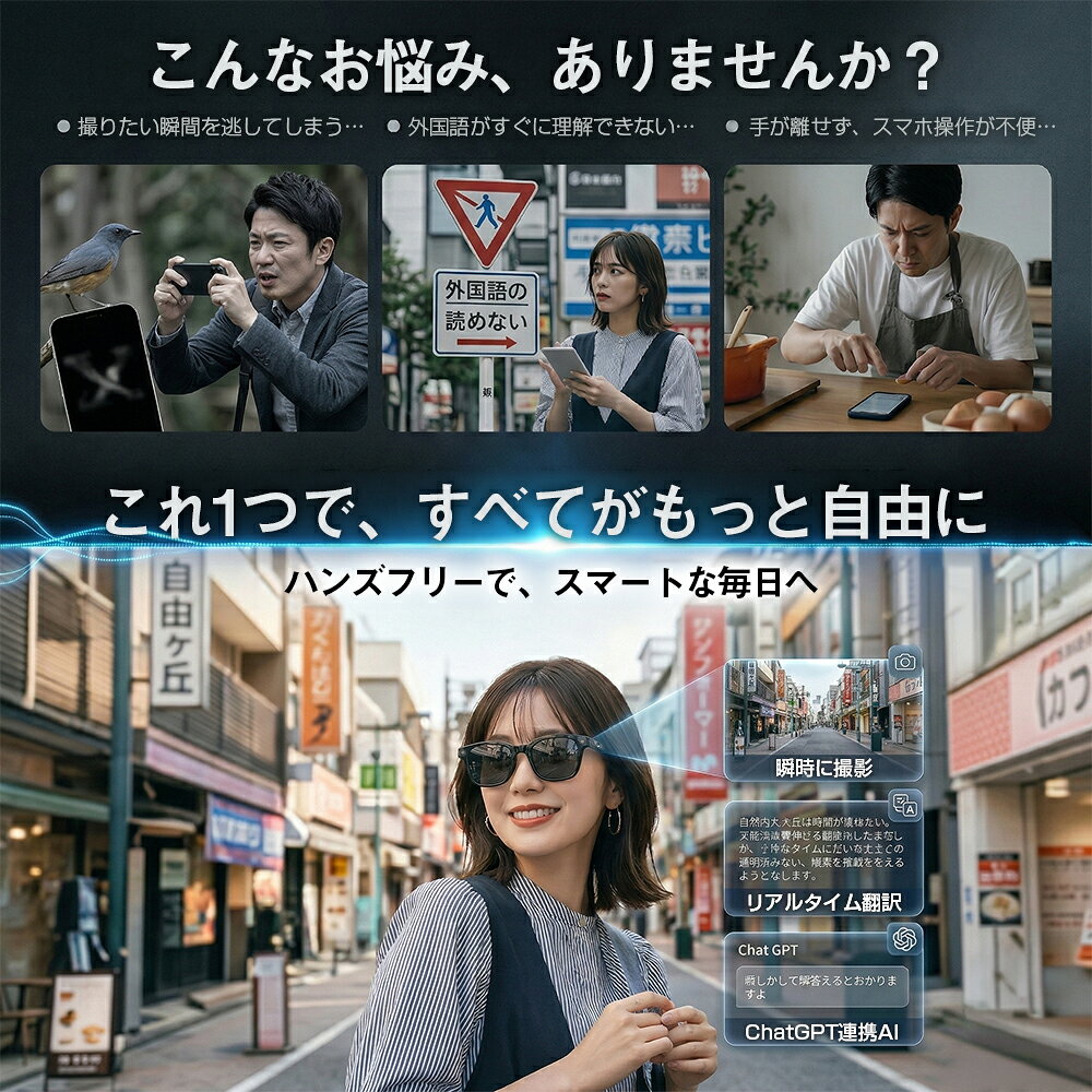 TAIRAのAIスマートグラス 翻訳メガネ ChatGPT対応 多機能モデル カメラ付き 1200万画素撮影 2K動画録画 ハンズフリー通話 音声操作 音楽再生 Bluetooth接続 多言語翻訳 海外旅行 ビジネス対応 最新型ウェアラブルデバイス メンズ レディース｜アングル2