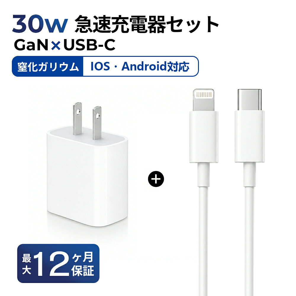 30W 急速充電器 ケーブルセット USB-C AC充電器 PD対応 GaN 充電器 コンセント Type-C iPhone Android対応 Lightningケーブル USB充電器