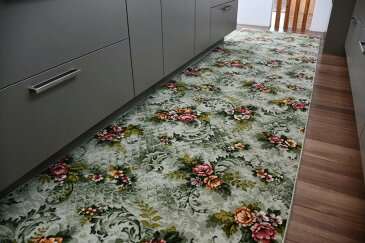 キッチンマット 廊下 カーペット ナイロン 幅88×長さ840cm ロングマット 絨毯 グリーン ベージュ 滑り止め おしゃれ ロココ調 ベルギー 花柄 長さ変更可能 ◇エリーゼ88×840◆