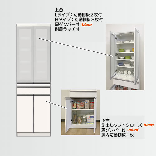 食器棚　プレファ　S60HLダイニング〔奥行45cm/カウンター高さ85cm/総高193cm〕【キッチン収納/ダイニングボード/3色対応/日本製/高橋木工】