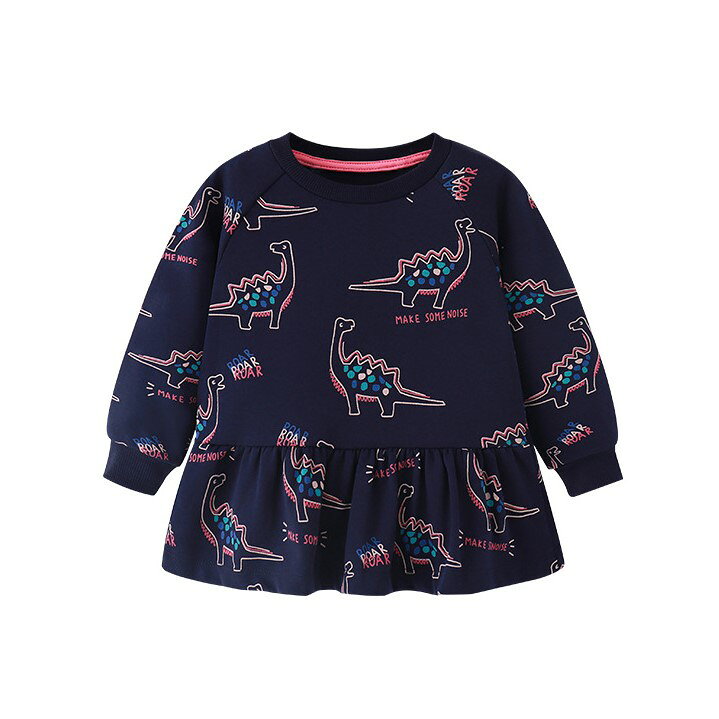 【20％OFF】恐竜 トレーナー ペプラム ガールズ 長袖 キッズ ネイビー 綿 総柄