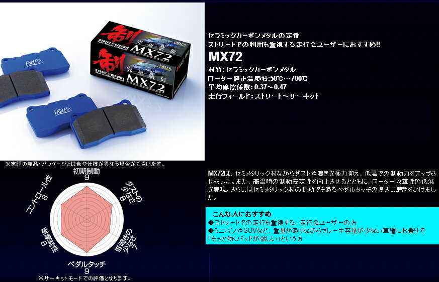 【エンドレス ブレーキパッド】トヨタ カリーナ 等にお勧め MX72 フロント 型式等：AT190 AT192 品番：EP076