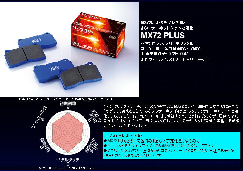 【エンドレス ブレーキパッド】トヨタ カローラ・スプリンター・カローラ FX 等にお勧め MX72 PLUS フロント 型式等：AE100/101 品番：EP076