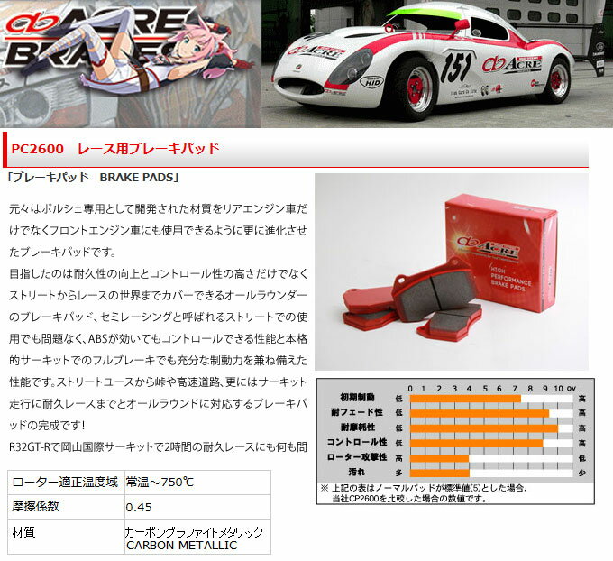 【アクレ/acre】 ALFA ROMEO SPIDER 等にお勧め PC2600 [リア用] 左右セット レース用ブレーキパッド 型式等：2.0 TS (LUCAS) 品番：β103