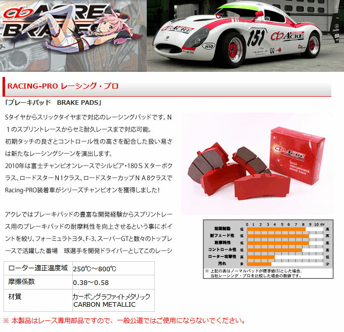 【アクレ/acre】レーシングプロ [フロント用] 左右セット 【競技用品】 ブレーキパッド Racing-PRO カムリ/ビスタ ACV30 などにお勧め 品番：279