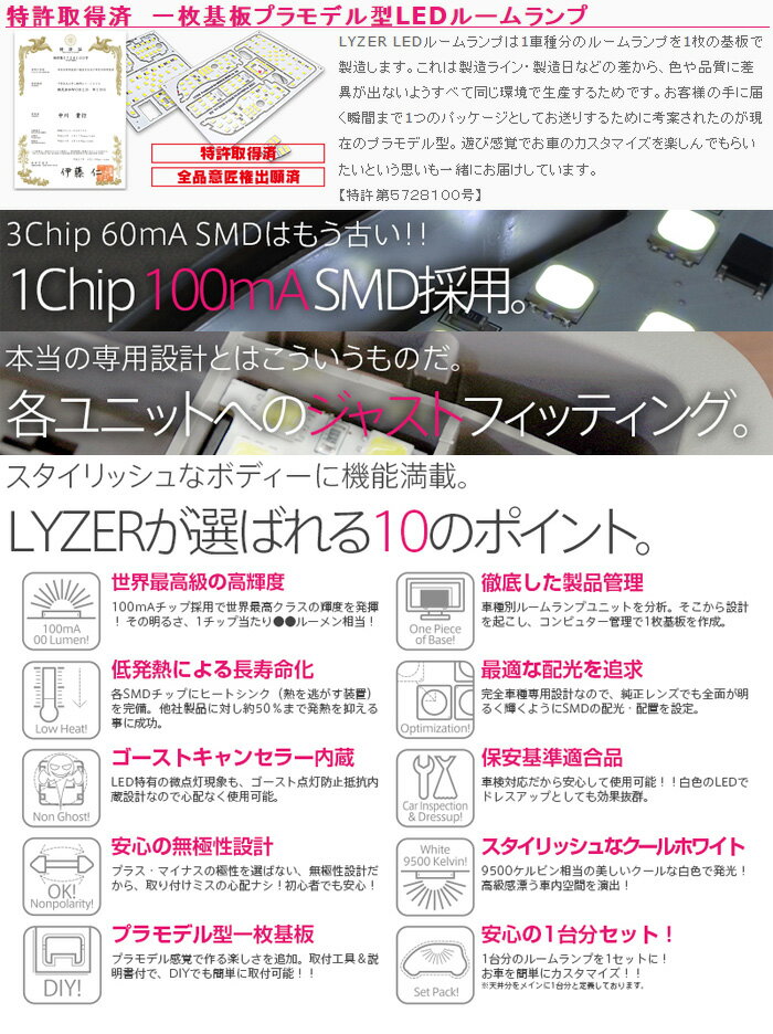 【ライザー LYZER】プリウスα 等にお勧め LEDルームランプ / ホワイト（昼白色） 1台分セット 型式等：ZVW4# 品番：No.0029