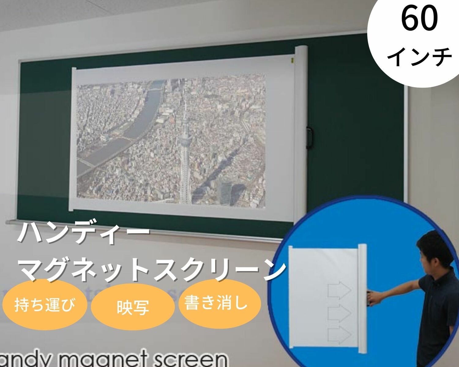 スクリーン マグネット モバイル ケース一体型 持ち運び楽々 書き消し可能 曲面黒板OK 貼り付け簡単 60インチ 876×1385mm